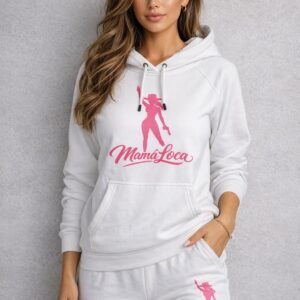 White hoodie with pink logo