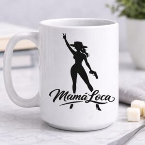 White mug with black logo
