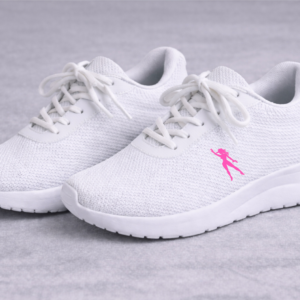 White women's shoes with a pink logo